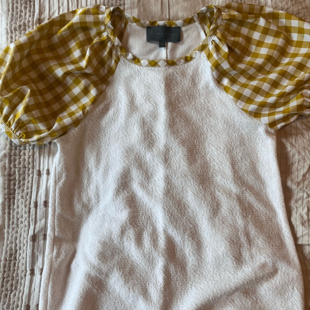 Anthropologie White Top with Yellow Gingham Accents